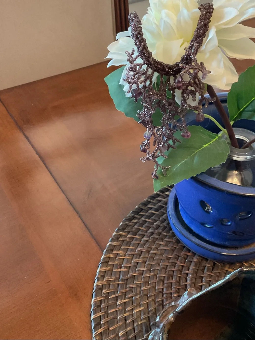 Blue Ceramic Vase with White Flower Accent - Home Accents